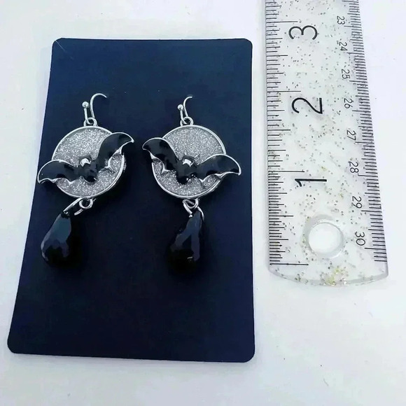 Bat Earrings Silver Sparkly Statement Dangling Earrings Halloween Gothic - Picture 4 of 4
